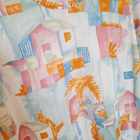 Vintage 70s Top Medium to Large Slinky Knit Pastel Tropical Print Short Sleeve - Picture 5 of 6